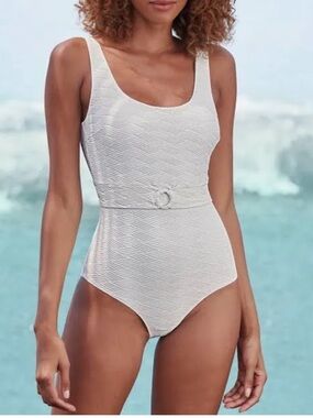 NWT Sunseeker Australia Textured Cream One-Piece Swimsuit with Front Ring Detail